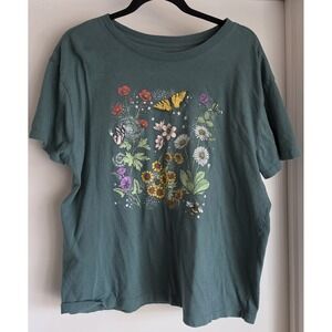 Doe Women Floral Cotton T-Shirt Size 2X Dark Green Short Sleeve Casual Tee